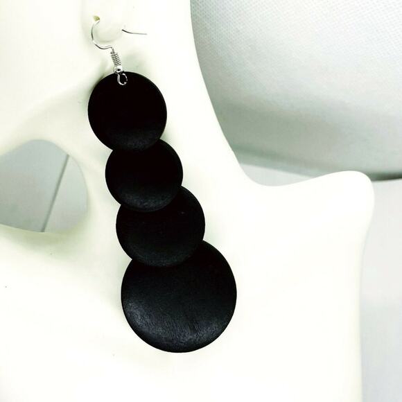 Black Wood Layered Circle Tiered Dangle Earrings - Picture 1 of 4
